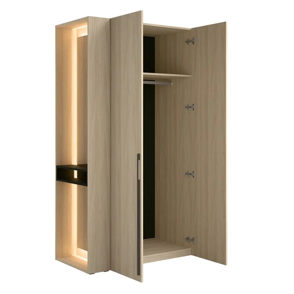 Armadio SORIA 110 cm quercia e nero con specchio LED e nicchia – 2 ante a battente