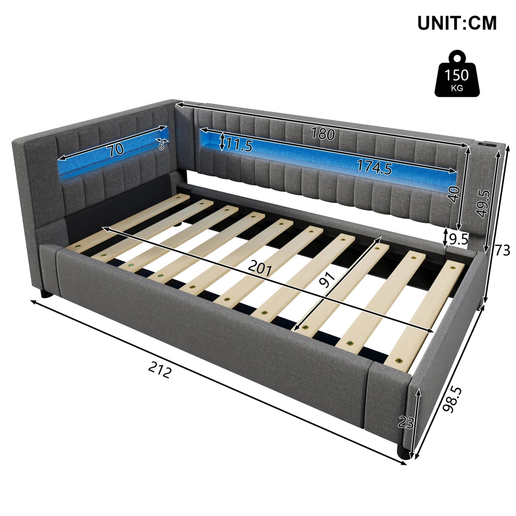 LETTO Contenitore 90x200 cm in lino grigio con LED e USB