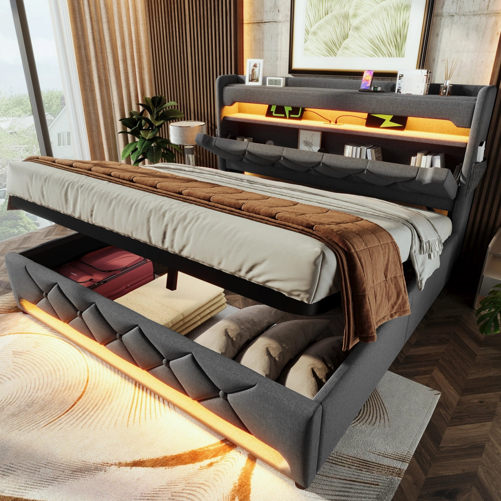 LETTO Matrimoniale 140x200 cm con LED, USB e Type-C, Grigio, Lino