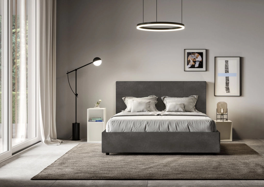 BS COM Letto matrimoniale francese con rete imbottito 140x200 microfibra grigio