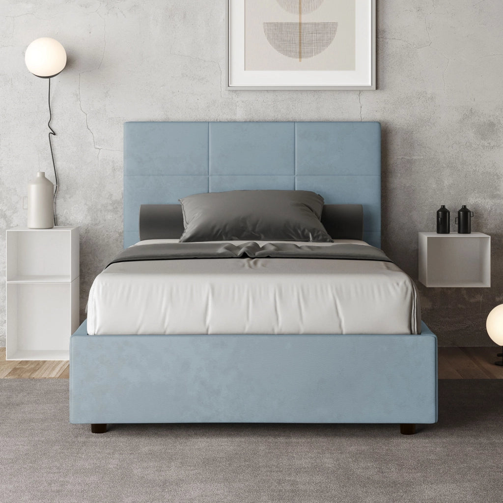 BS COM Letto una piazza e mezza con rete imbottito 120x200 microfibra azzurro