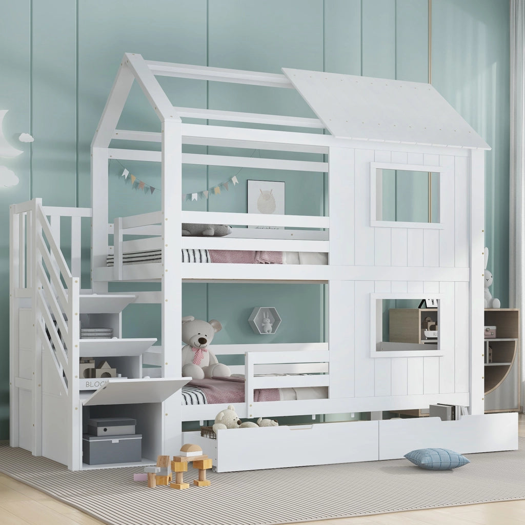 LETTO A CASTELLO 90x200 cm Bianco con scala contenitore e cassetto