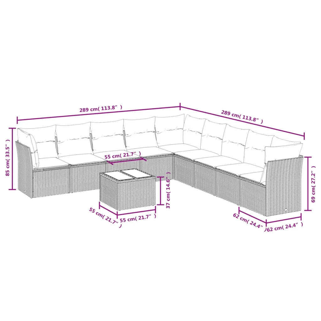 Set Divani da Giardino 10pz con Cuscini in Polyrattan Nero 3249625