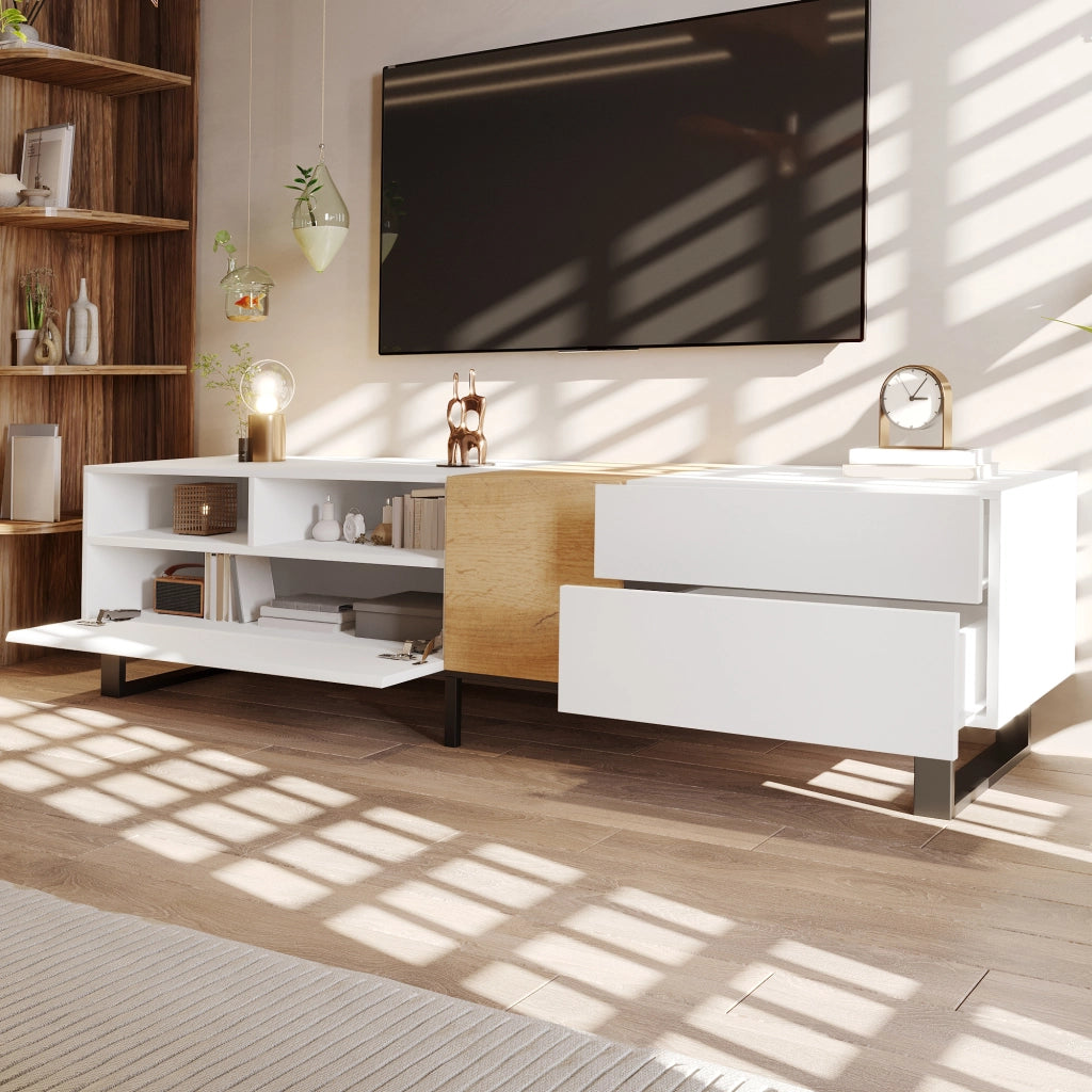 Cassettiera TV bianca e legno; in MDF; lunghezza 180 cm