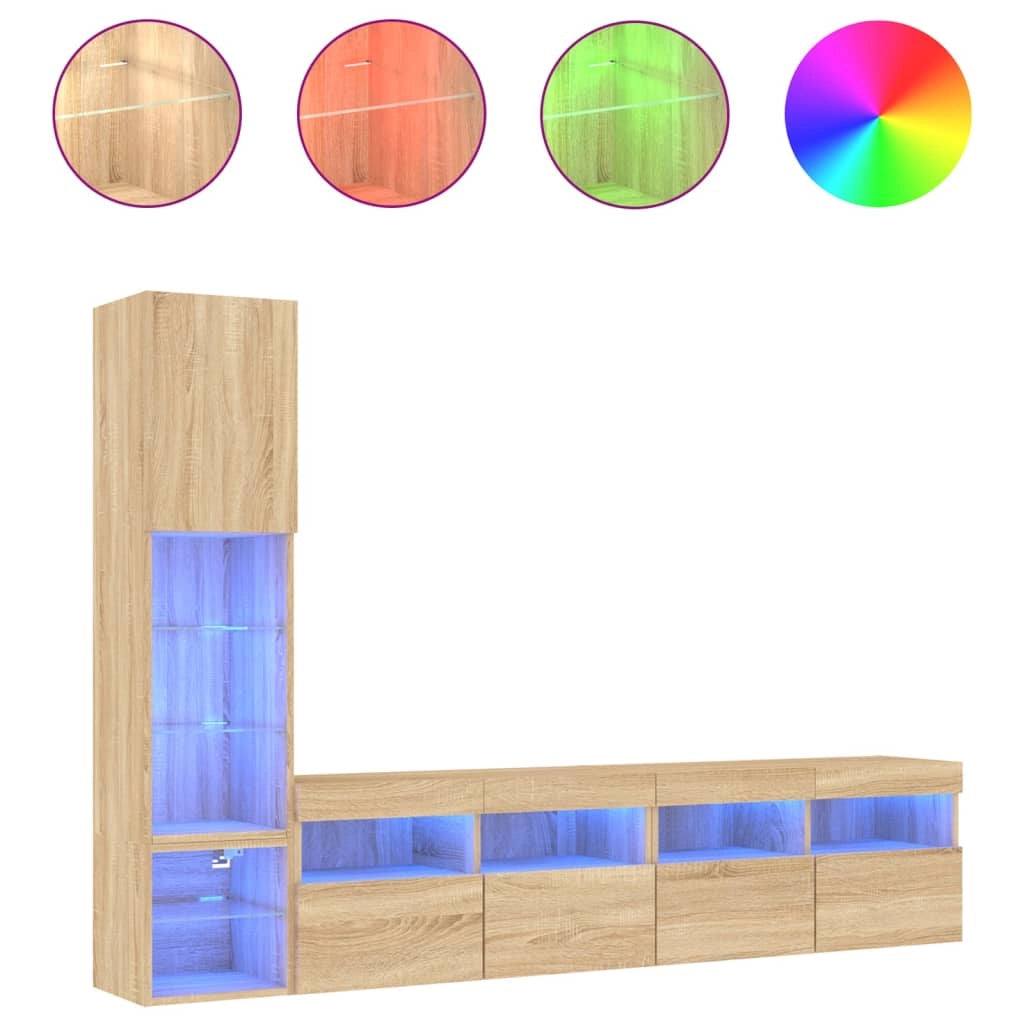 Mobile TV multimediale mensola TV credenza mobile TV sala da pranzo soggiorno camera da letto con illuminazione a LED 4 pezzi legno ingegnerizzato rovere Sonoma marrone 02_0029364