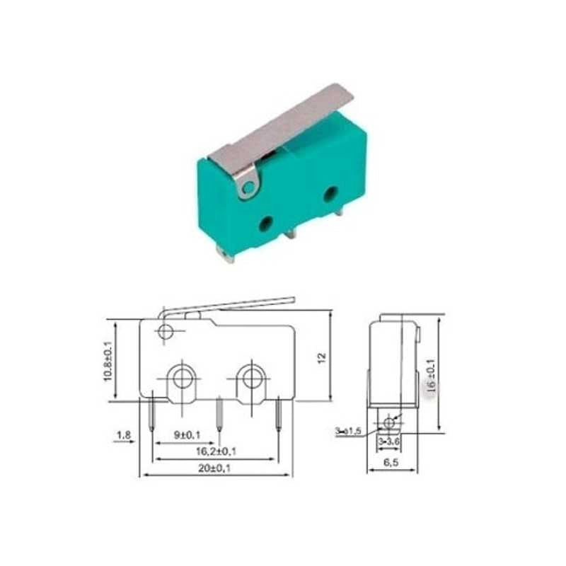 Micro switch pulsante 10A con leva 3 mini faston ferri - UNIVERSALE