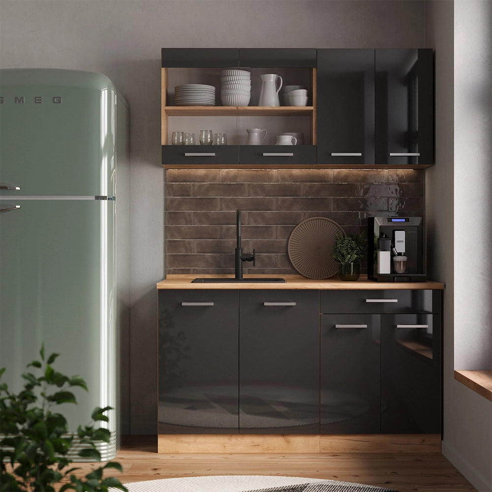 Vicco Cucina monoblocco Antracite lucido/oro power oak 140 cm , PL Antracite