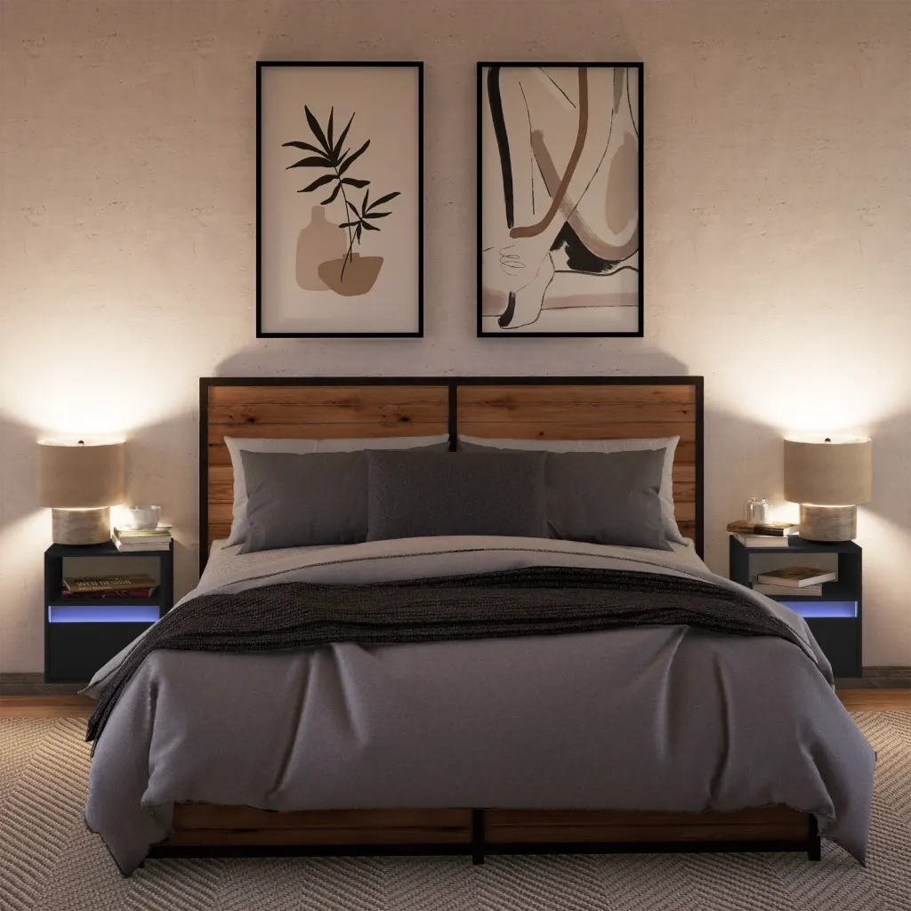 Comodini a Parete con Luci LED 2 pz Neri 3307978