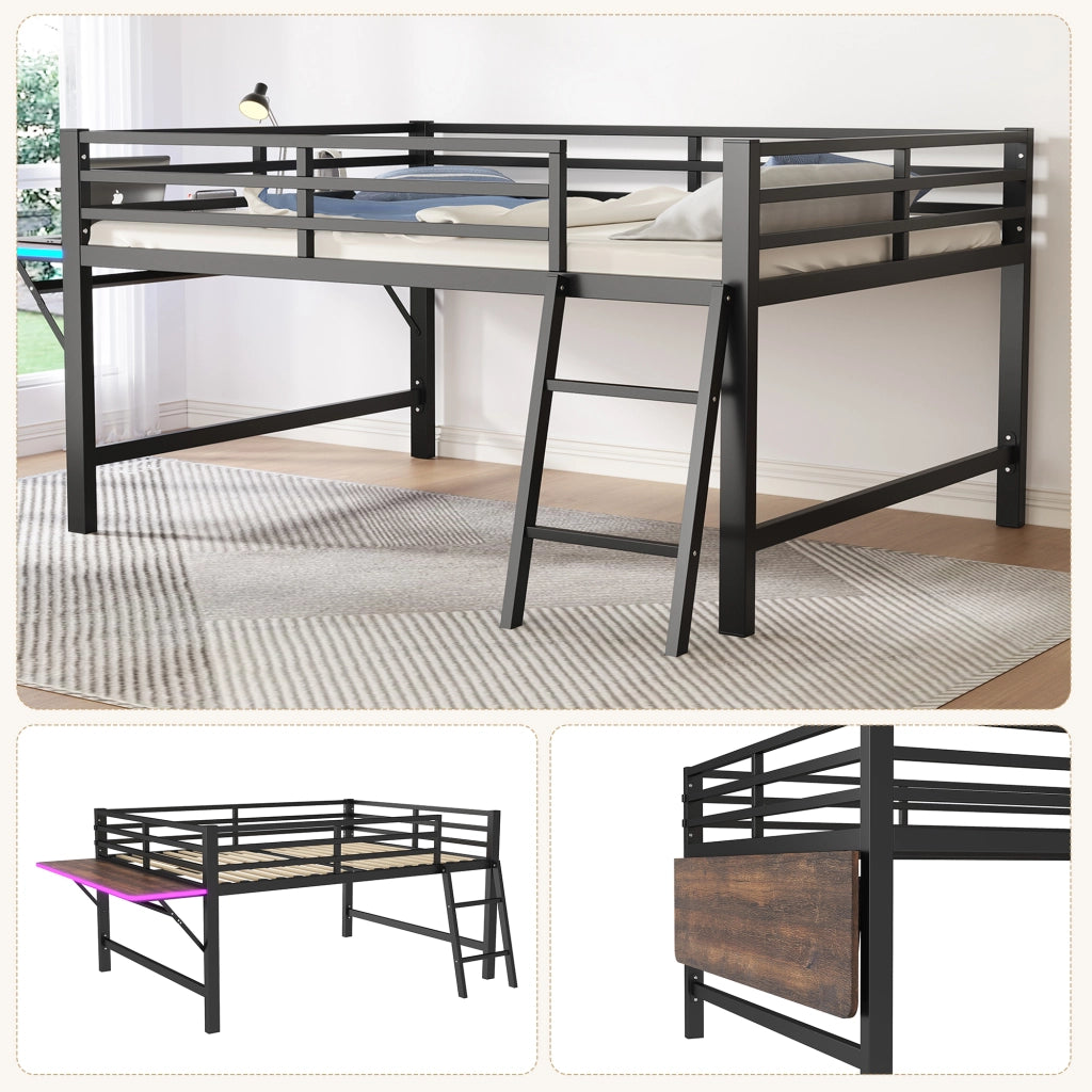 LETTO in metallo 140x200 cm nero con scala, scrivania e LED