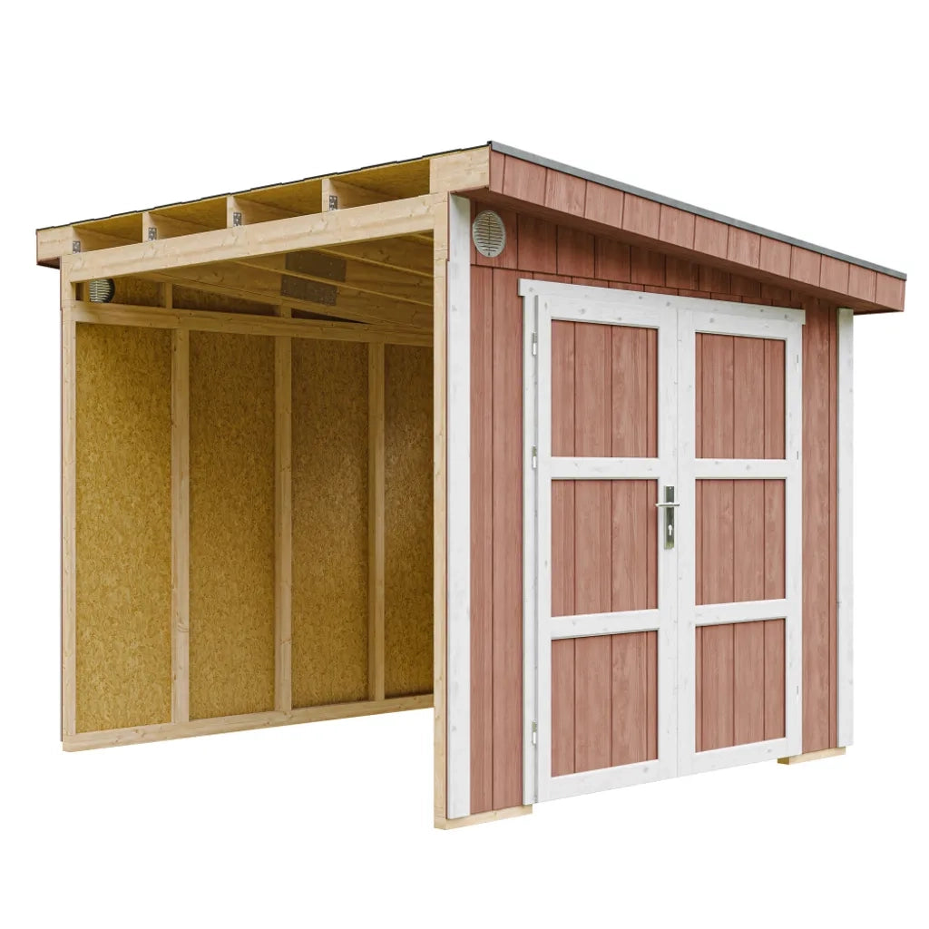 Casetta da giardino di qualit?  PREMIUM 5,9 m?² - H231x248x294 cm - Senza pavimento e parete laterale - Timbela M938B-REDWOOD RED