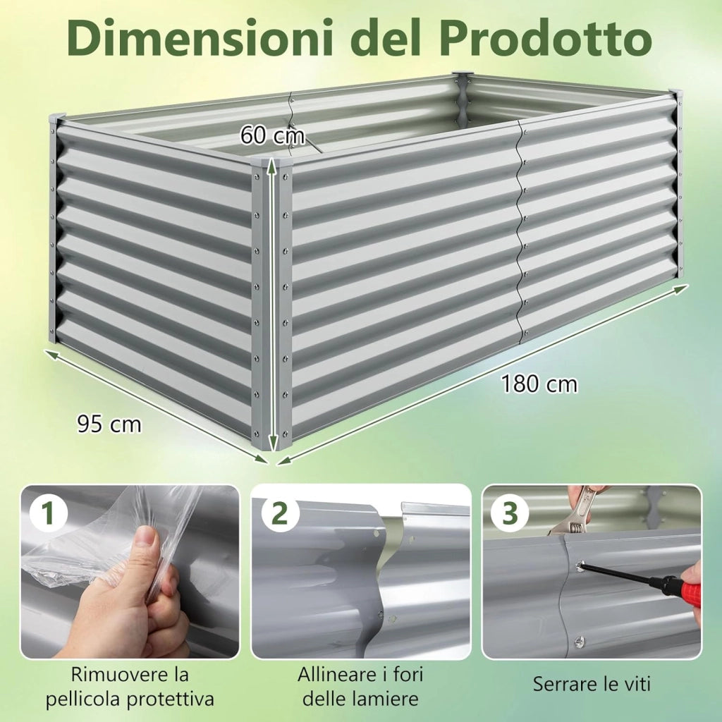 Letto da Giardino Rialzato in Metallo, Orto Rialzato con Design a Fondo Aperto, Protettori d'Angolo Rinforzati, Aiuola Rialzata da Esterno per Verdure, Fiori e Erbe Aromatiche (Grigio)