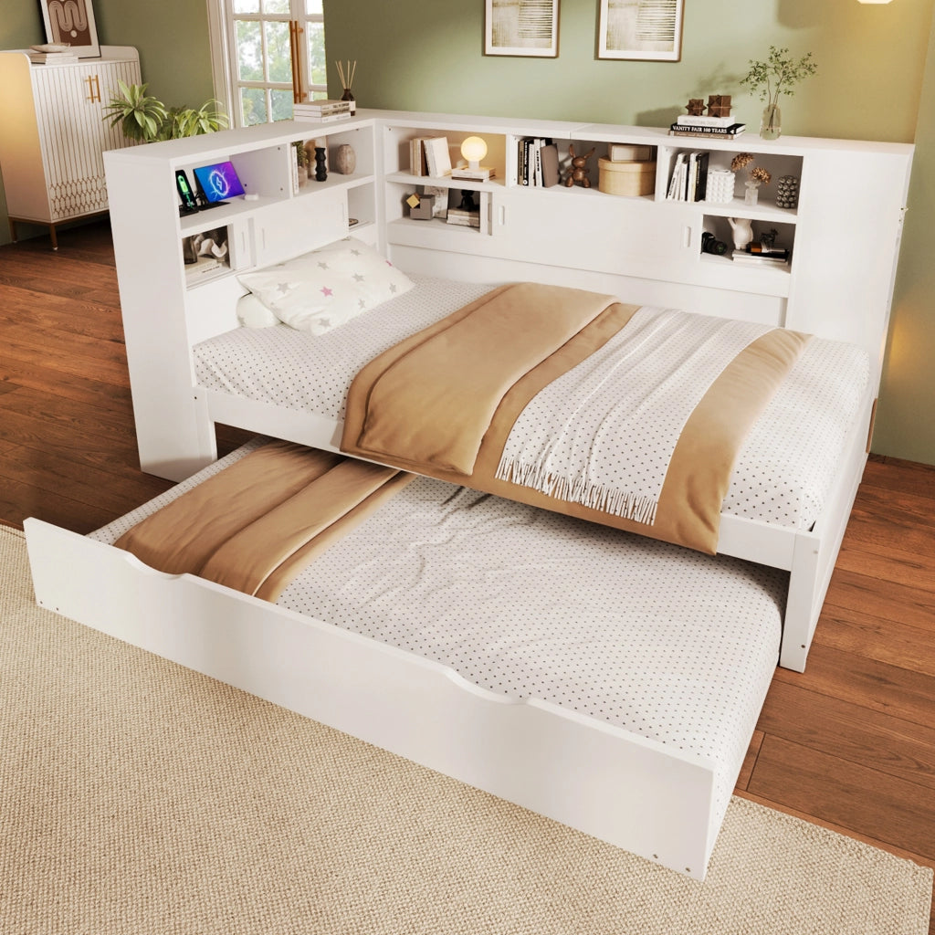 Letto per bambini 90x200 cm con letto estraibile, vani contenitore e USB, bianco