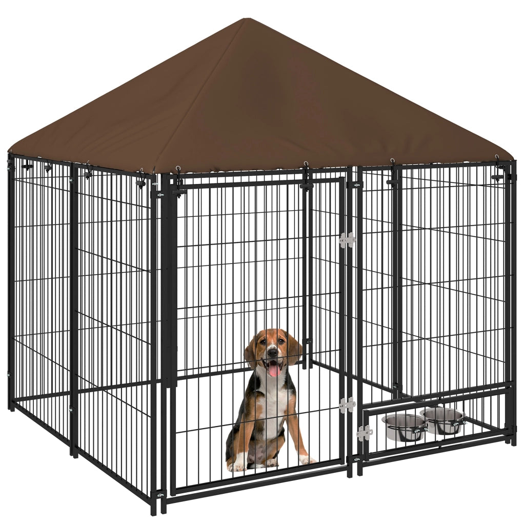 Recinto per Cani in Metallo e Tessuto ¨C Minimal ¨C Nero e Marrone 141x141x151 cm