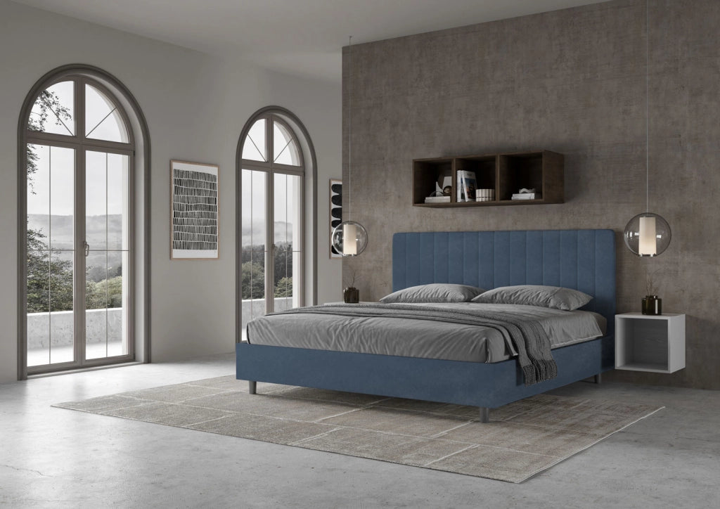 BS COM Letto matrimoniale king size contenitore imbottito 180x210 microfibra blu