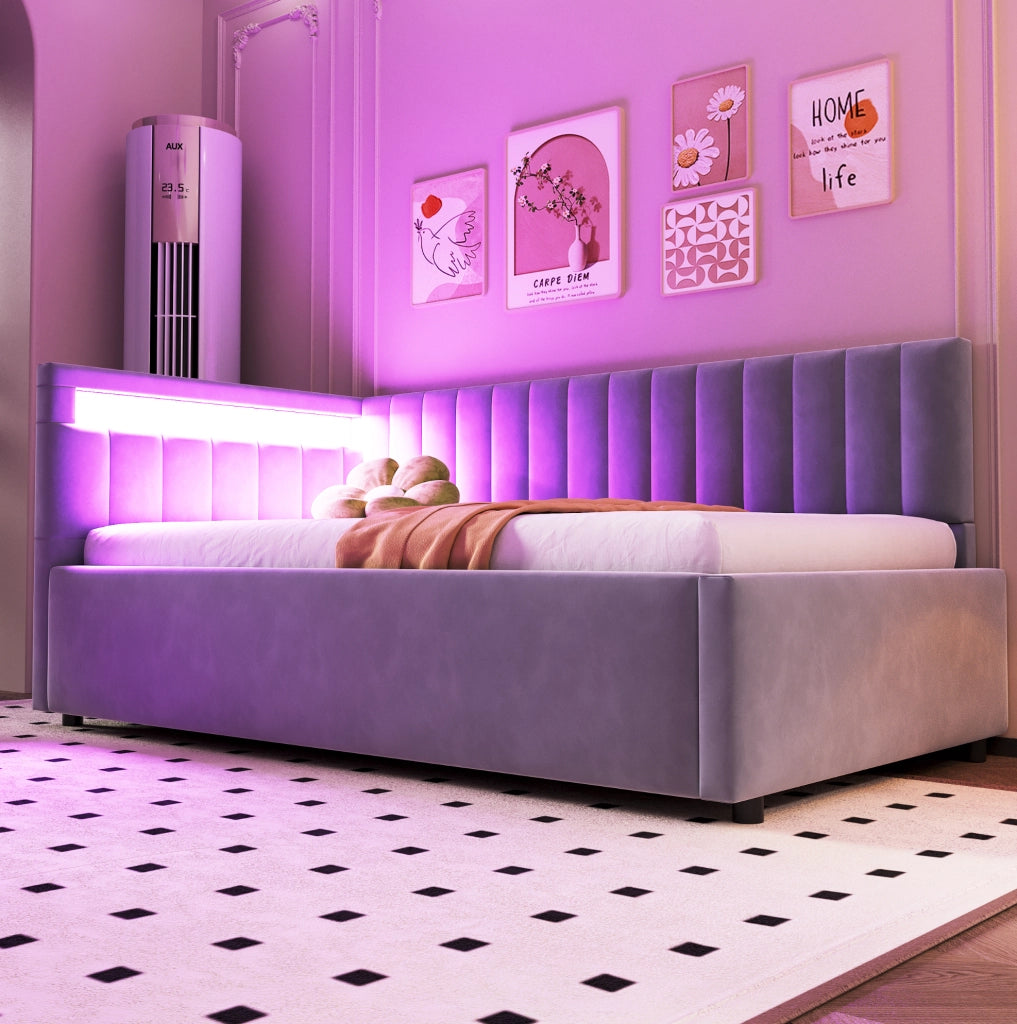 Letto imbottito 90x200 con LED, contenitore idraulico e rete a doghe