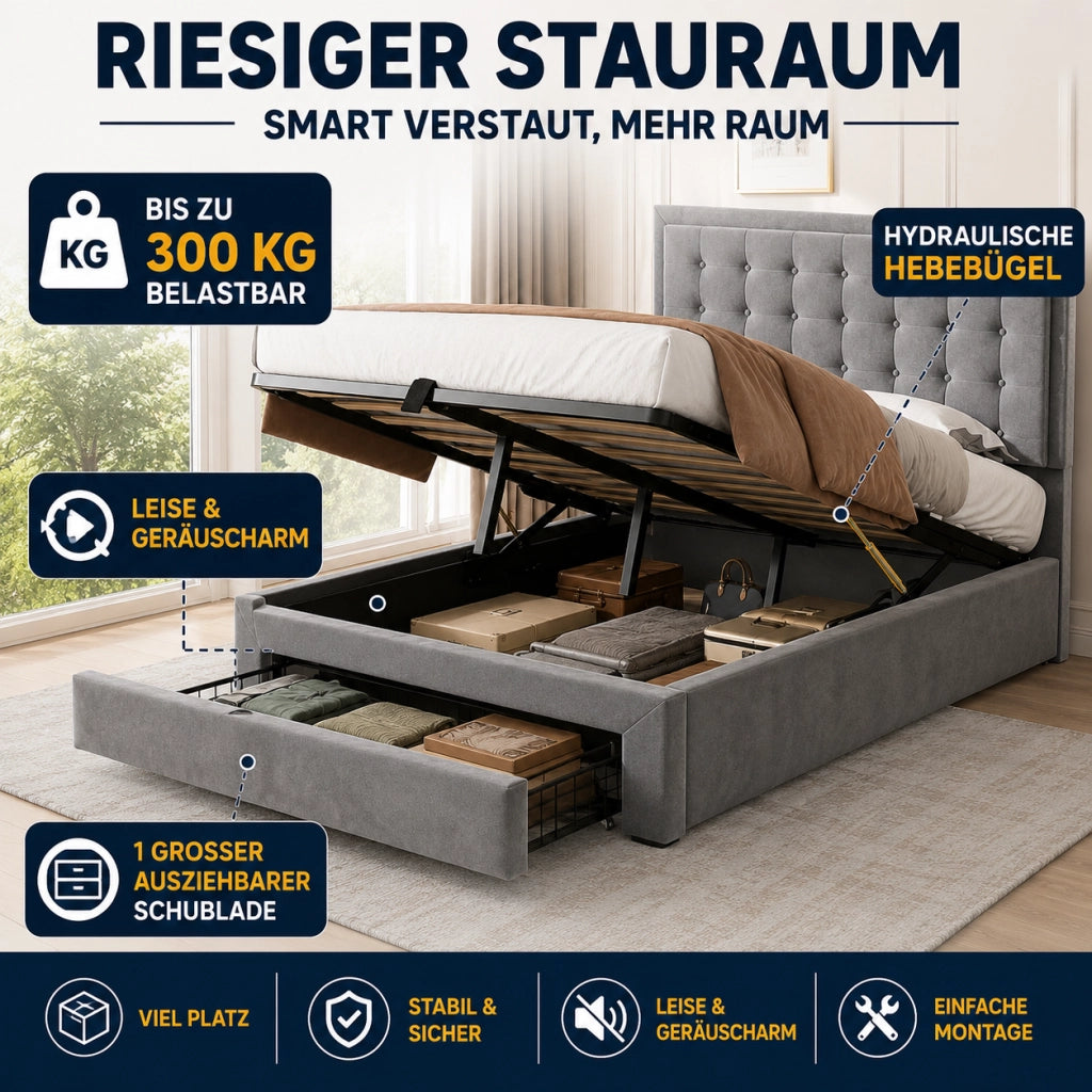 LETTO Imbottito 140x190 cm in velluto beige con 2 cassetti