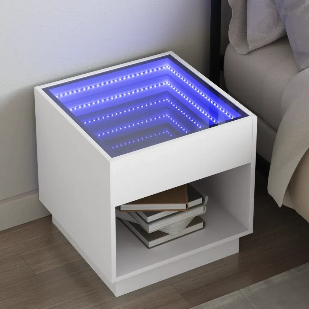 Comodino | Armadio da Notte | Mobiletto da notte con LED Infinity Bianco 50x50x50 cm