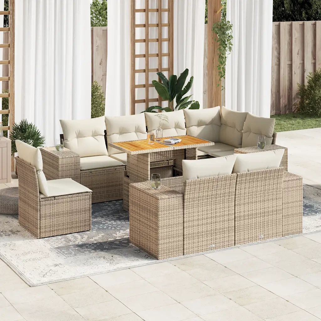 Set Divano da Giardino 9 pz con Cuscini Beige in Polyrattan 3327390