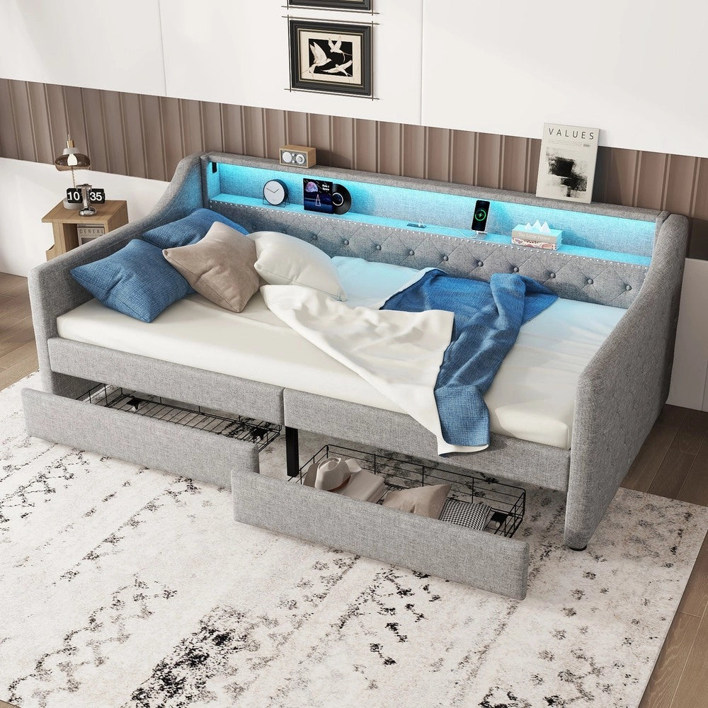 Letto Singolo Divano con Doghe e Cassetti ¨C MINIMAL ¨C Grigio, LED, 90x200