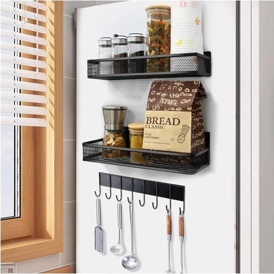 Kruidenrek organizzatore per frigorifero, organizzatore per cucina, parete per cucina adesiva senza perforazione, 2 pezzi di magneti per frigorifero, pannello appeso con 8 ganci, nero.