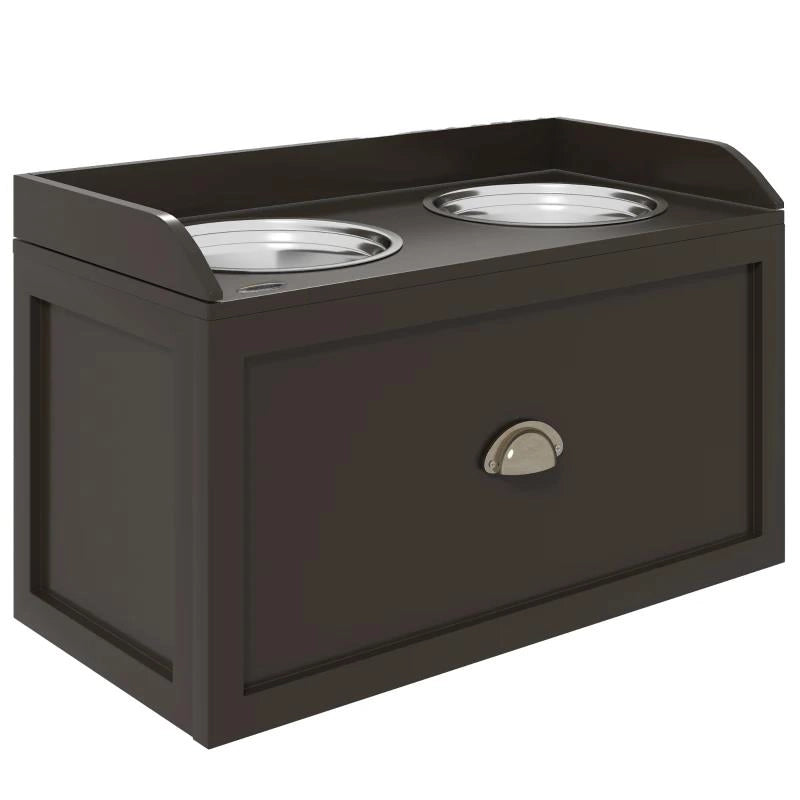 CIOTOLE PER CANI RIALZATE IN ACCIAIO INOX E LEGNO CON CASSETTO, 60X30X36CM, MARRONE