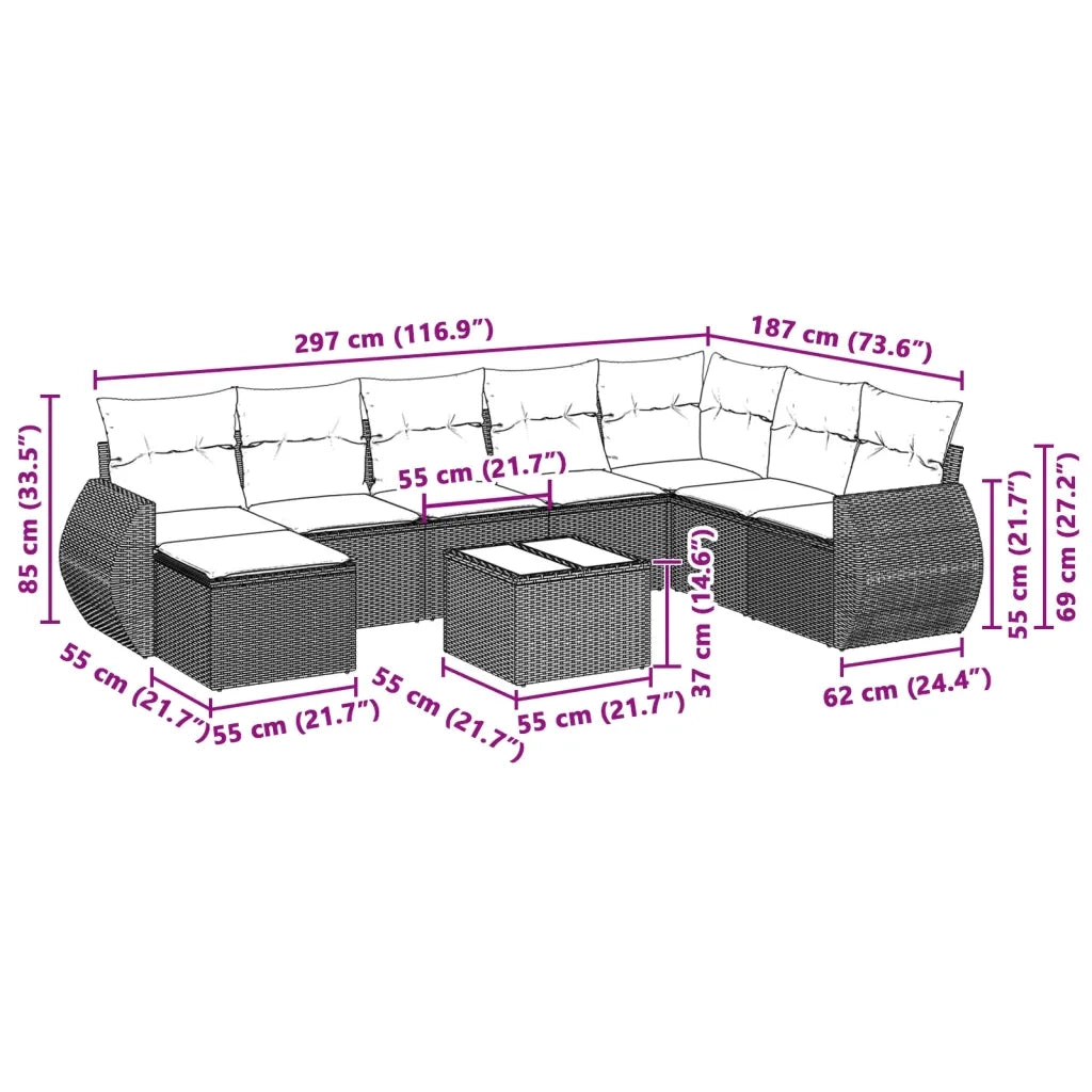 Set Divano da Giardino 8pz con Cuscini Grigio Chiaro Polyrattan 3254099