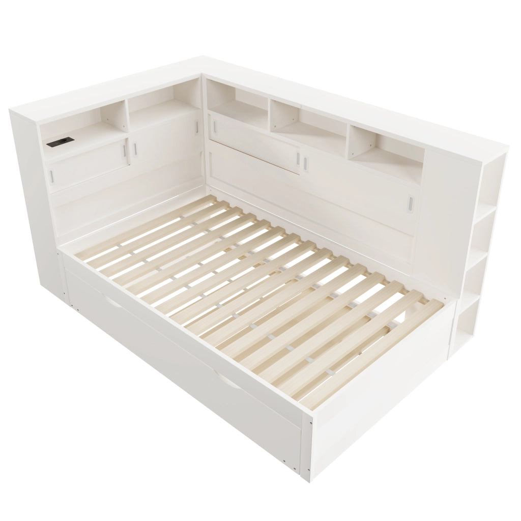 Letto per bambini 90x200 cm con letto estraibile, vani contenitore e USB, bianco