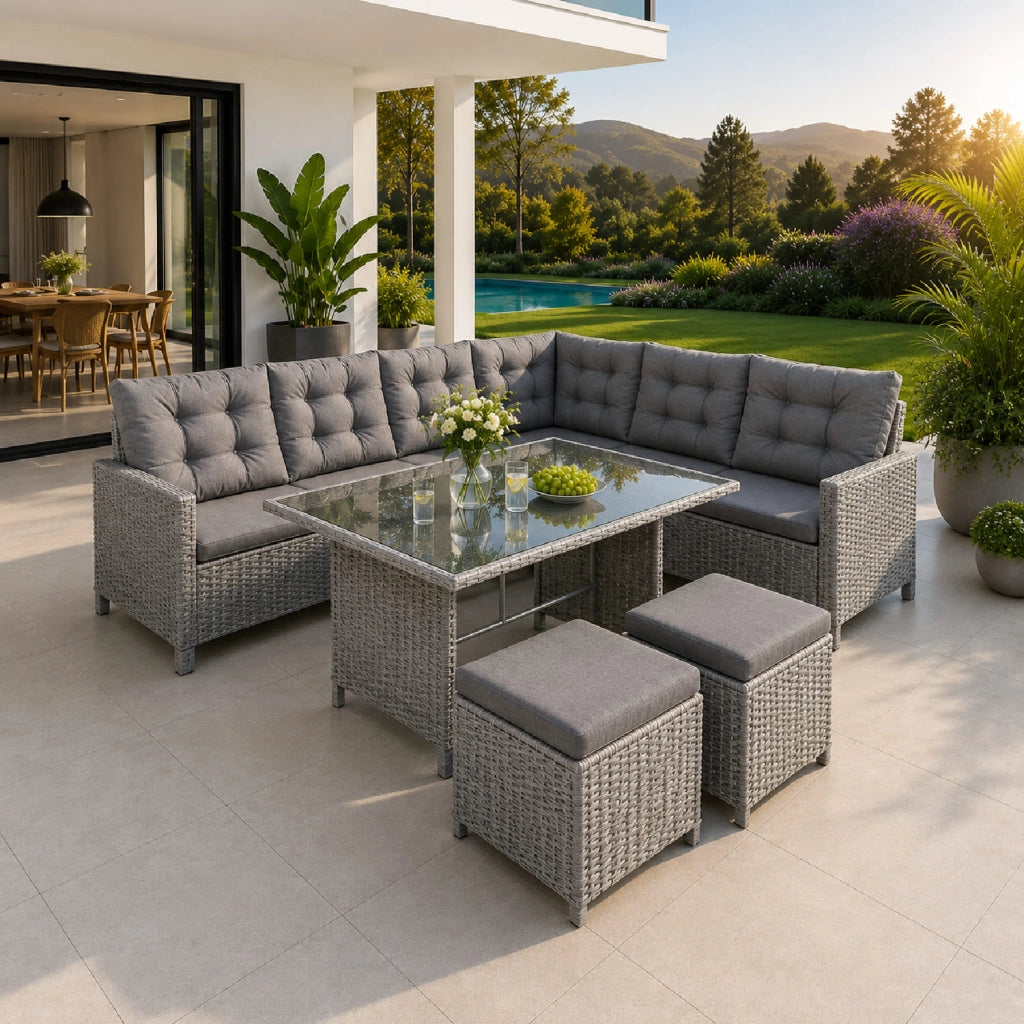 Salotto Da Giardino In Polyrattan Angolare Con Due Pouf Tavolino Con Doppio Ripiano In Vetro E Morbidi Cuscini Arredo Moderno Per Patio Balcone Veranda Piscina E Outdoor Grigio