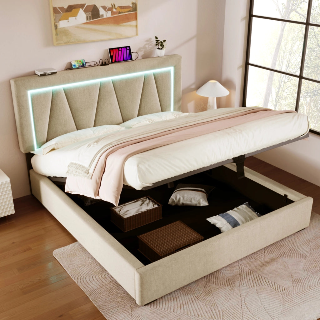 LETTO imbottito LED 140x200 cm in lino beige con USB e Type C