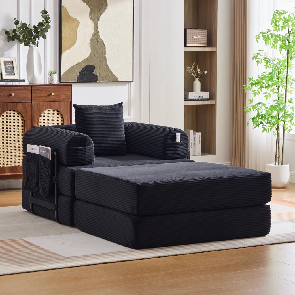 DIVANO Modulare 112x190x67 cm in tessuto a coste Nero con cuscino e pouf
