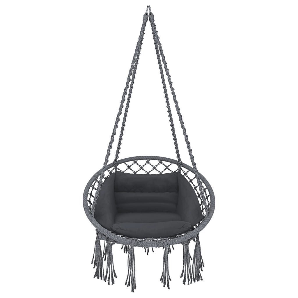 Poltrona Sospesa Pensile Da Giardino Con Corda In Cotone Effetto Macramè E Struttura In Acciaio Cuscino Sedia Dondolo Amaca Con Seduta Imbottita Esterno Terrazzo Design Moderno Fino A 160 Kg Grigio