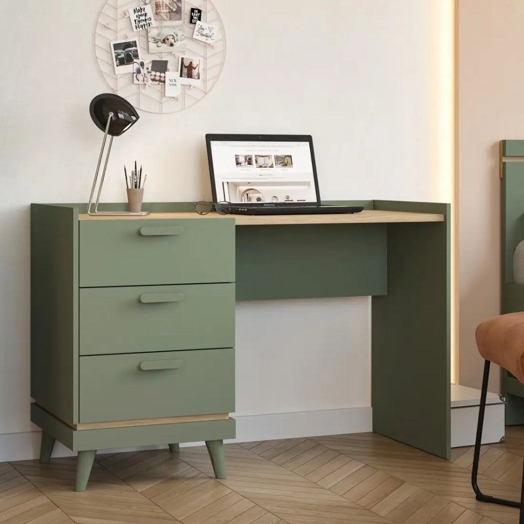 Scrivania stile scandinavo NOKI – 3 cassetti – Verde e legno – 120x80x50 cm