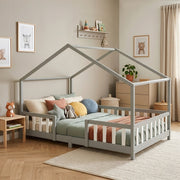 Letto per Cameretta Treviolo a Forma di Casetta in Stile Montessori 140x200 cm Grigio Chiaro/Bianco [en.casa]
