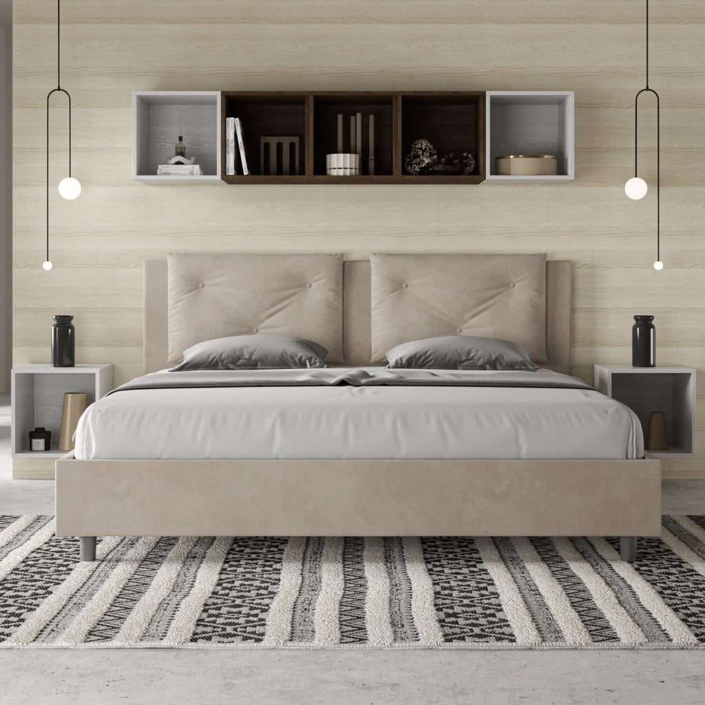 BS COM Letto matrimoniale king size con rete imbottito 190x200 microfibra sabbia
