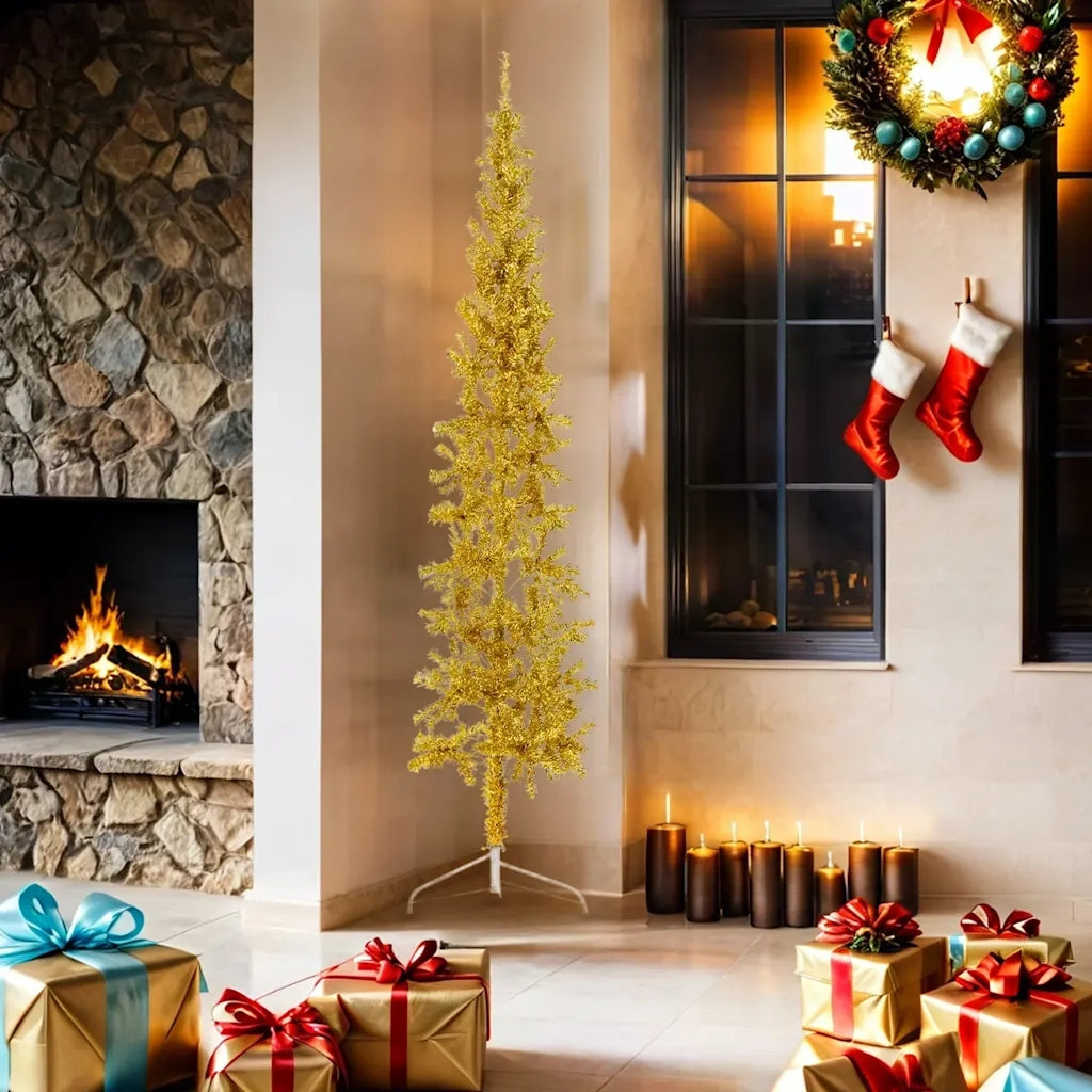 Albero Natale Artificiale Sottile a Metà con Supporto Oro 180cm 344591
