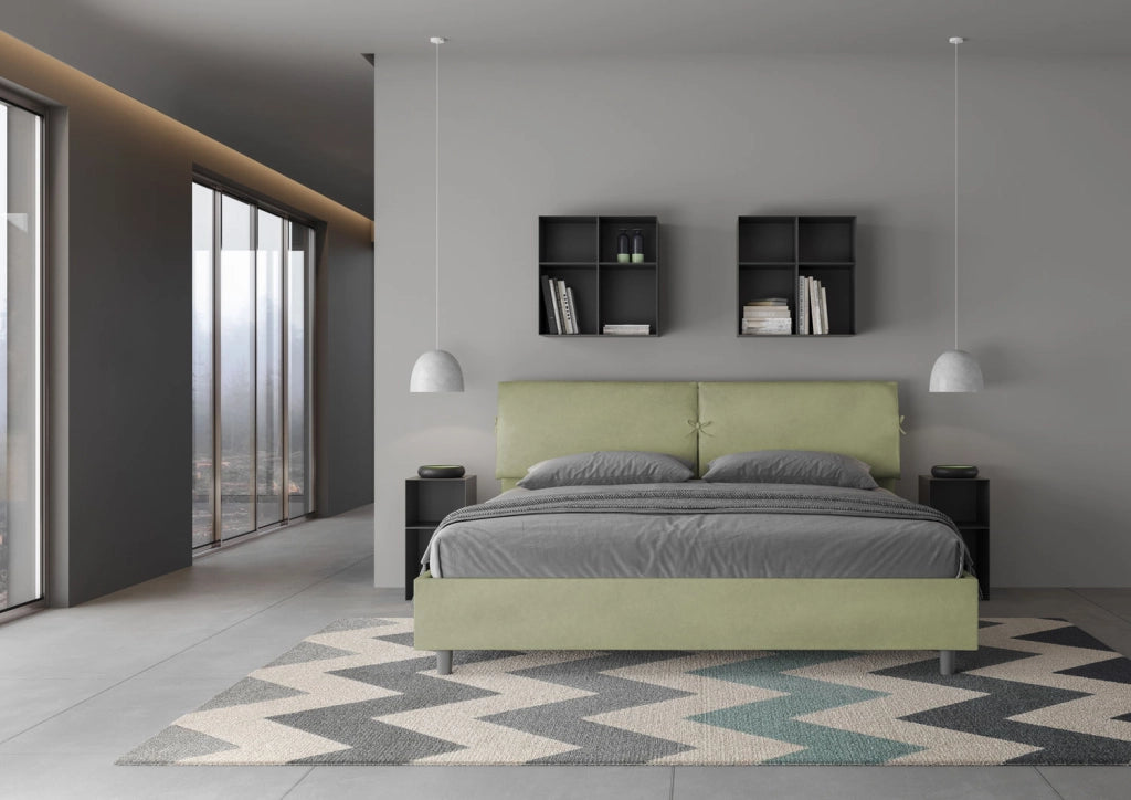 BS COM Letto matrimoniale king size contenitore imbottito 180x210 microfibra tè verde