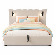 LETTO Contenitore 160x200 cm Beige in lino con lampada da lettura e USB Type-C