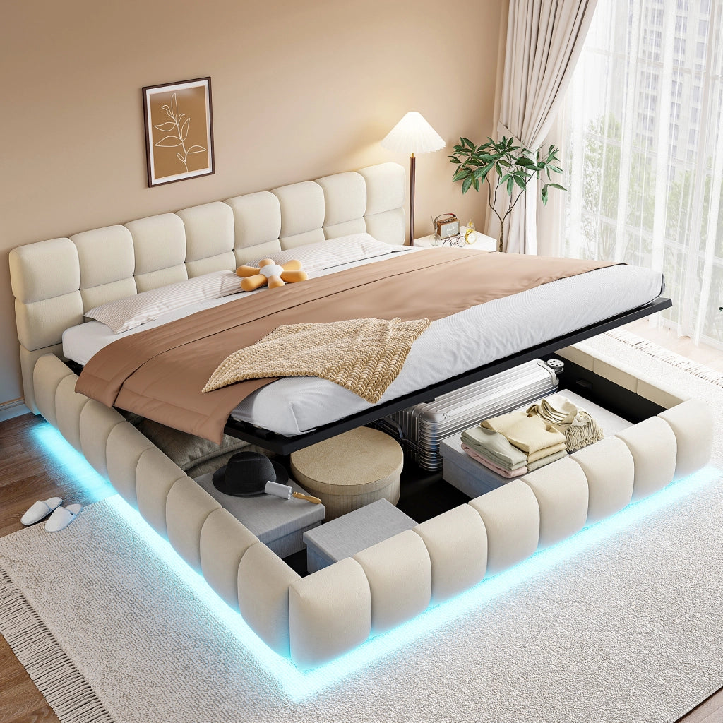 Letto imbottito 180x200 LED idraulico velluto beige