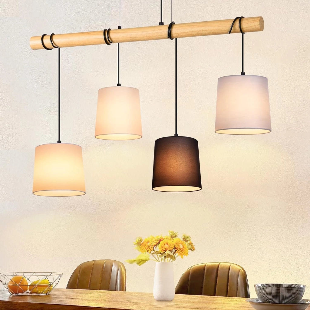 Lampada a sospensione ZMH a 4 Luci in Legno E27 ZMH - Sospensione per sala da pranzo Vintage paralume colorato tessuto