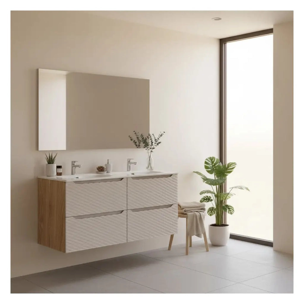 Set da bagno YOKA beige: 2 mobili sotto lavabo 60cm con cassetti + lavabo da incasso