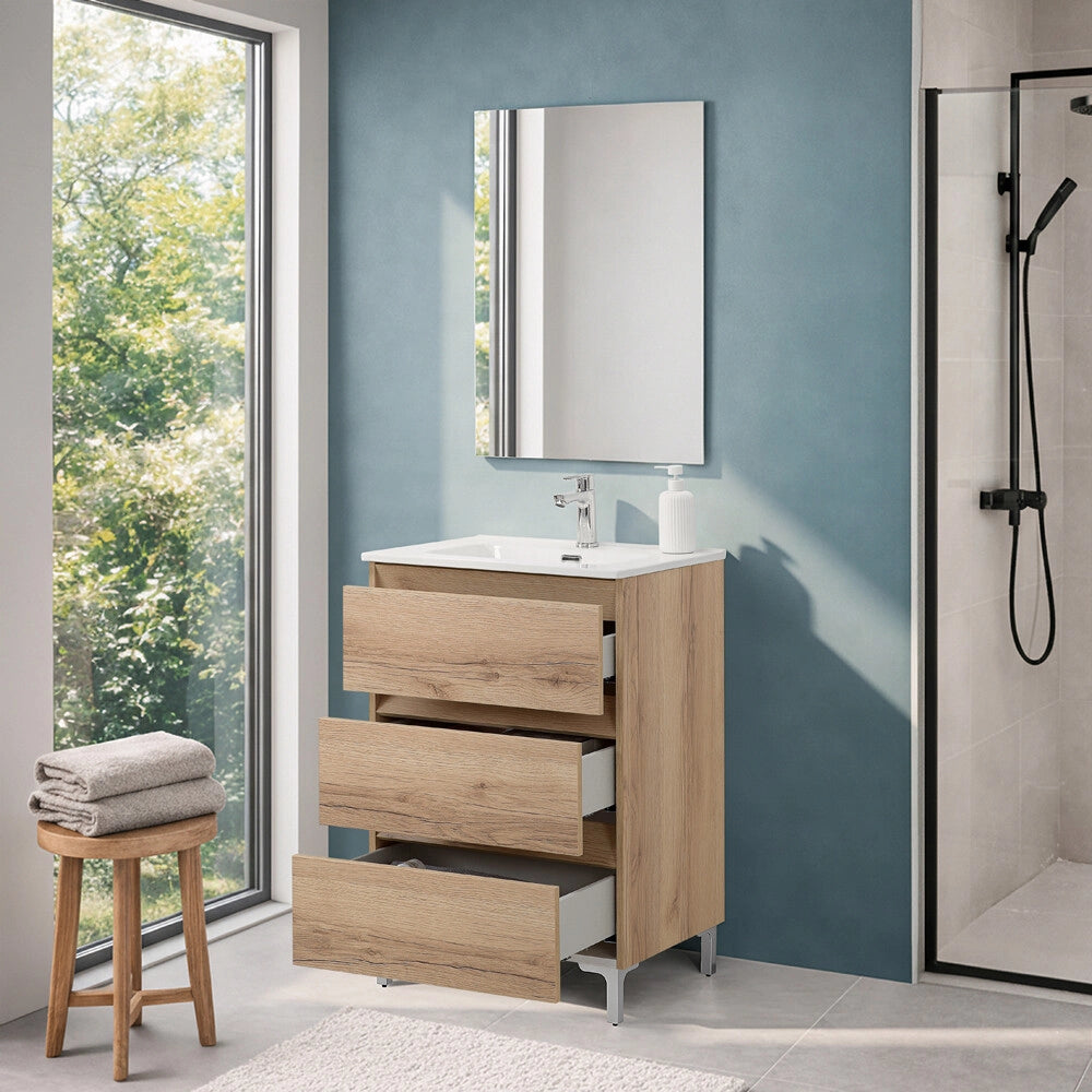 Mobile bagno a terra 60 cm in quercia naturale con lavabo e specchio Leda