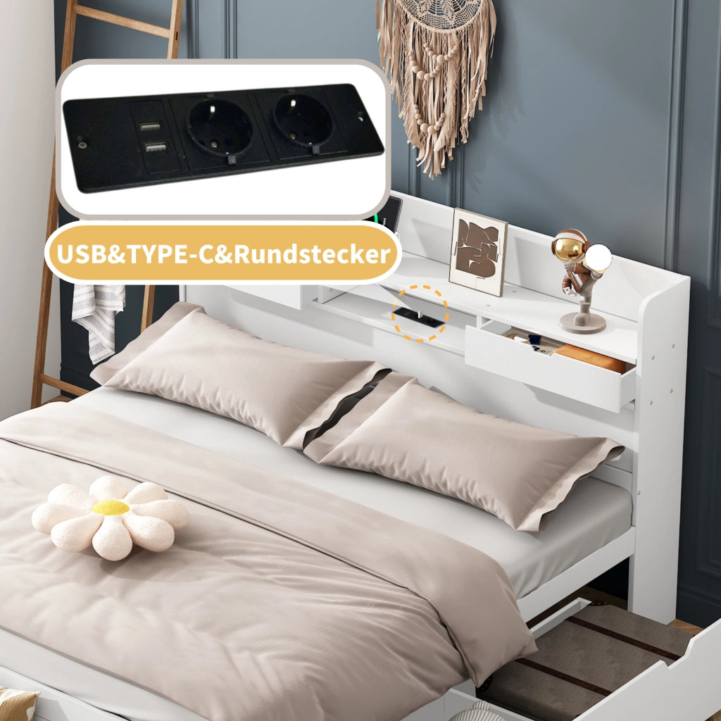 Letto doppio - Zephmum - 140x190cm - Bianco - USB, cassetti, armadio