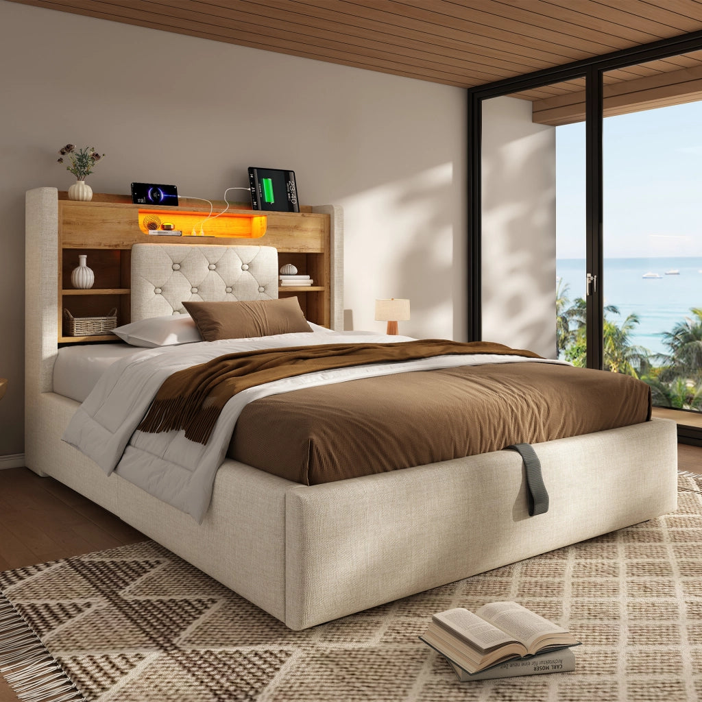 LETTO 90x200 cm in Lino Beige con LED, porte USB e testiera con ripiano