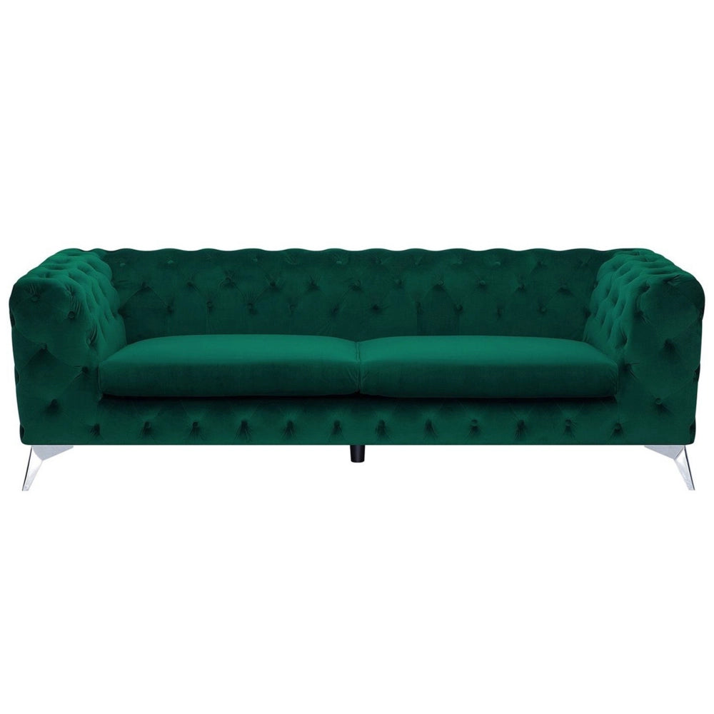Divano a 3 posti in velluto verde stile Chesterfield con schienale basso