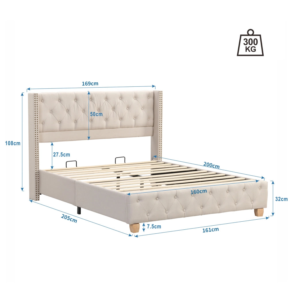 Letto Matrimoniale 160×200 cm Imbottito con Testiera Trapuntata e Borchie; senza Materasso; Beige