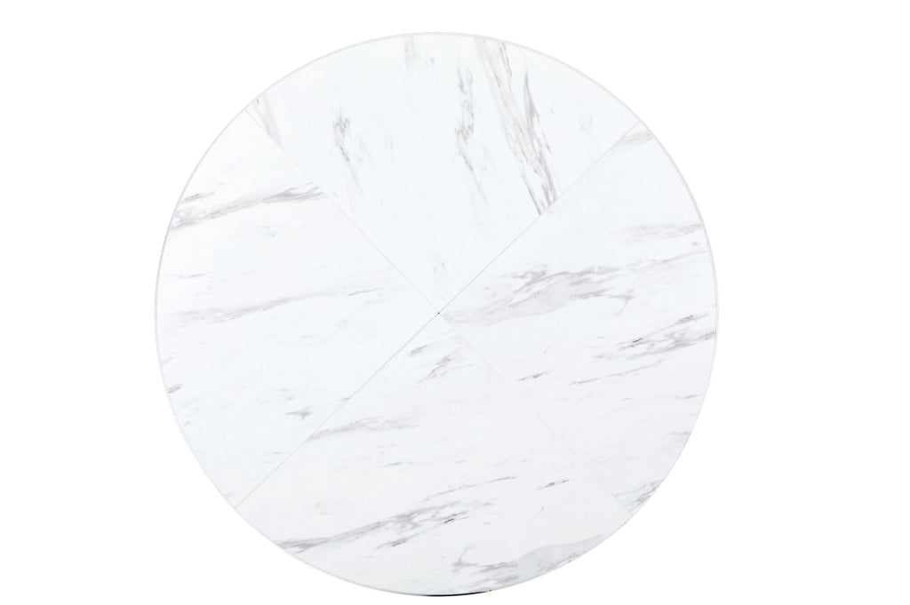 Tavolo da pranzo rotondo 100x75 cm in MDF effetto marmo; struttura in metallo bianco