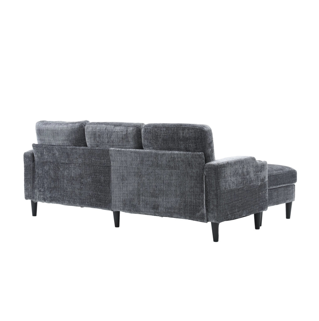 Divano 4 posti con pouf contenitore; portabicchieri e tasche laterali; grigio