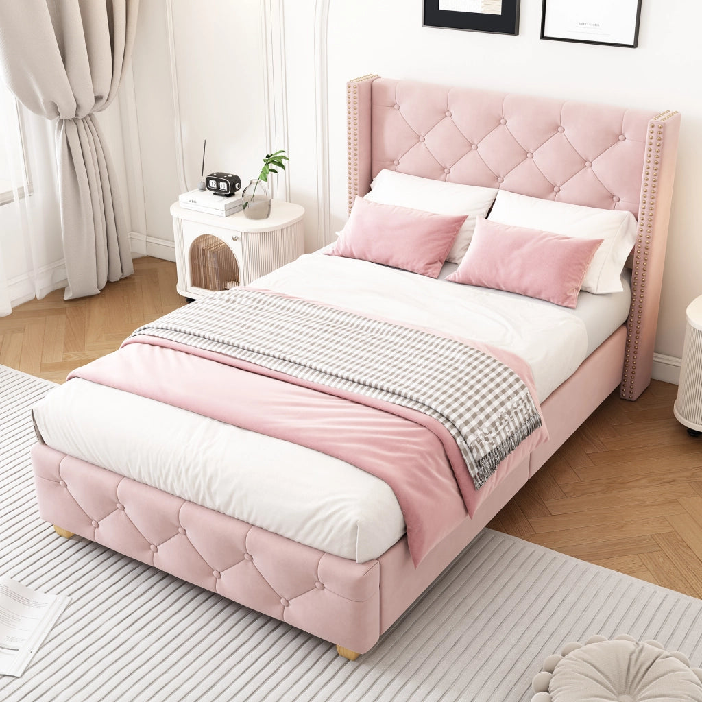 LETTO imbottito 90x200 cm in velluto rosa con testiera