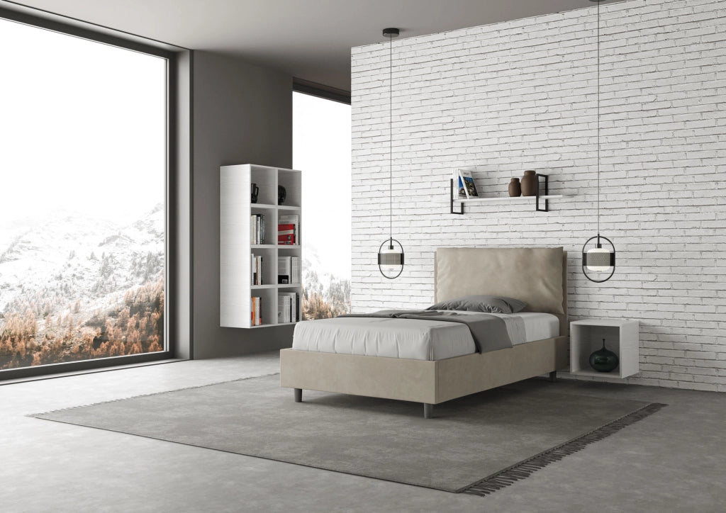 BS COM Letto una piazza e mezza contenitore imbottito 130x190 microfibra sabbia Large