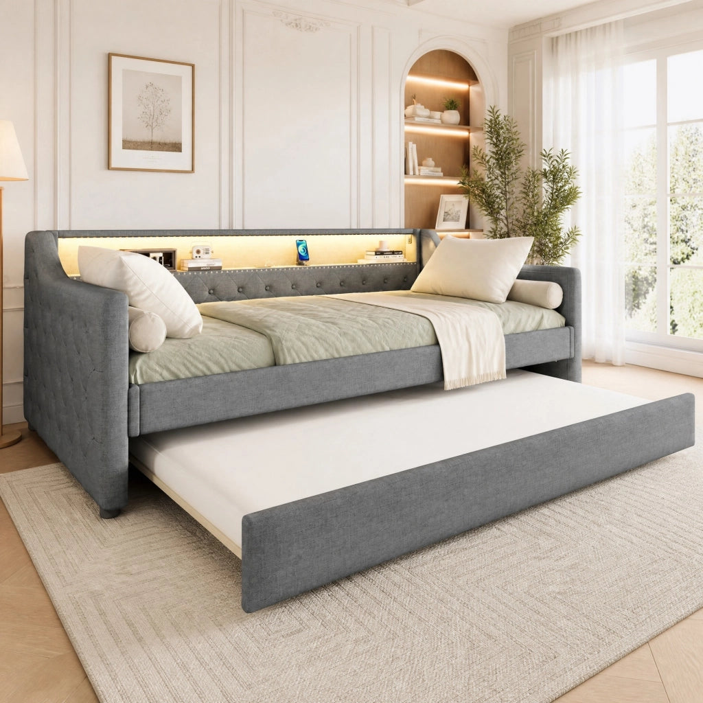 LETTO Divano 90x200 cm in lino grigio con letto estraibile, LED e USB